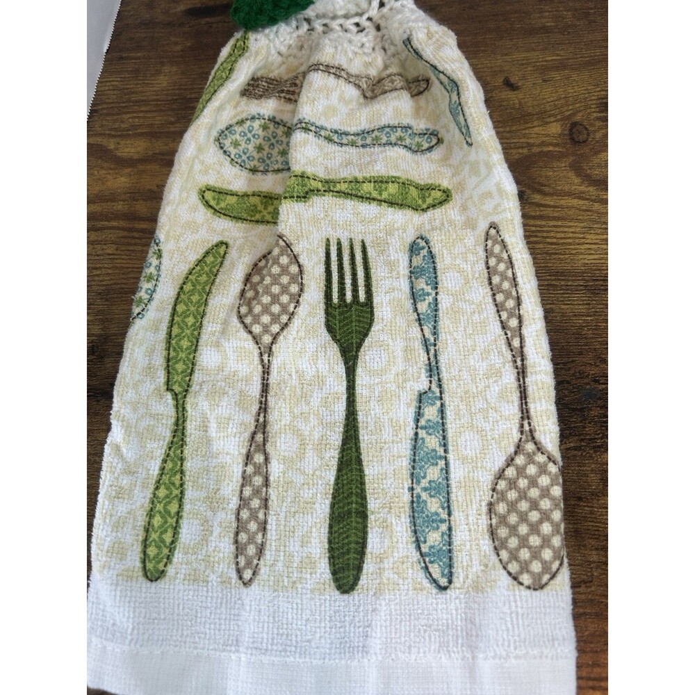 Set Of 2 Hanging Kitchen Towels Crochet Top Spoon Fork Farmhouse Decor Rustic - Picture 13 of 15